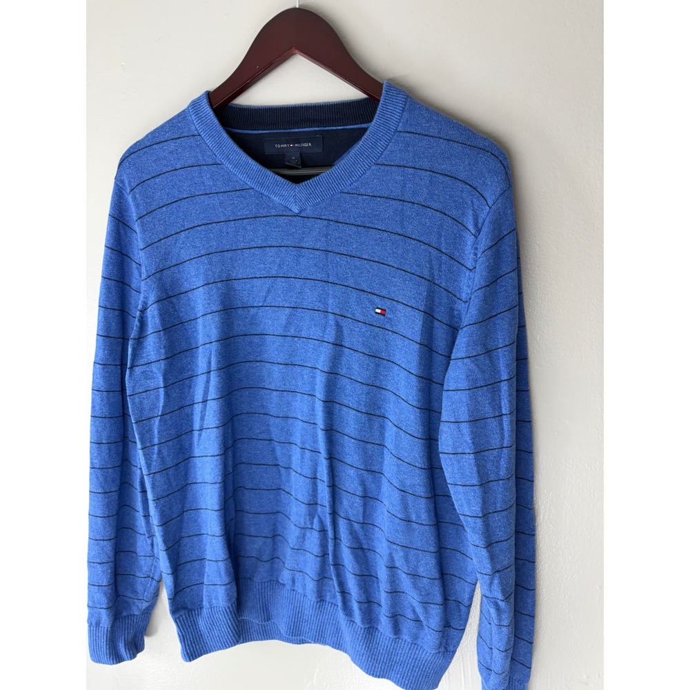 Tommy Hilfiger Mens Blue Striped V-Neck Sweater Size M Embroidered Logo
